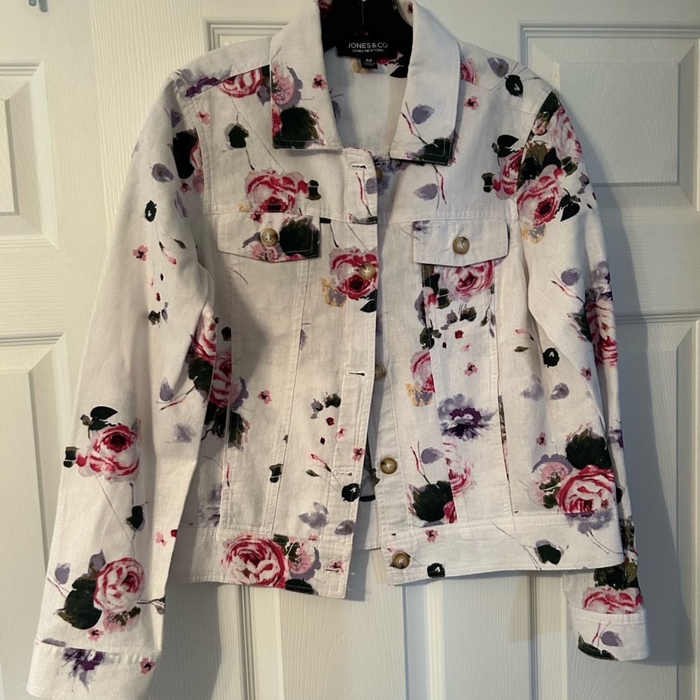 White Floral Jean Jacket with Pink Roses